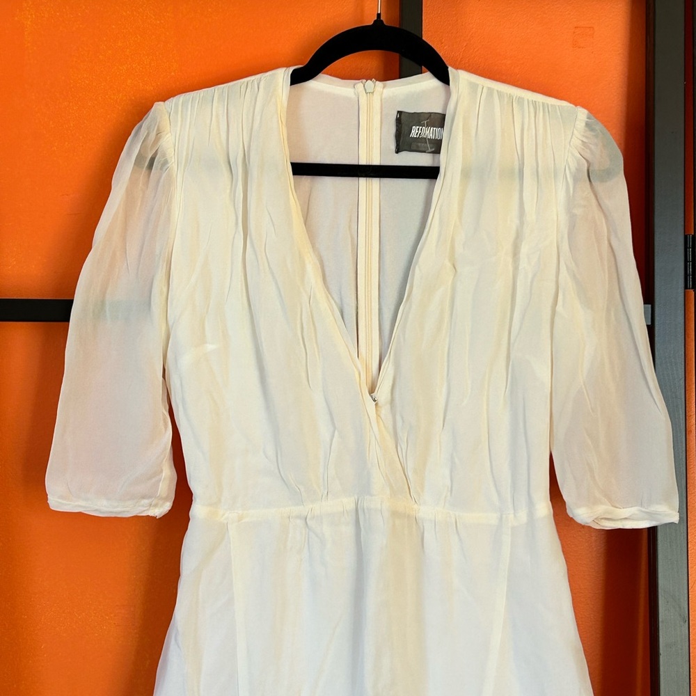 Reformation White Silk Mini Dress | Deep V-Neck Flowy Romantic Dress - Picture 2 of 6